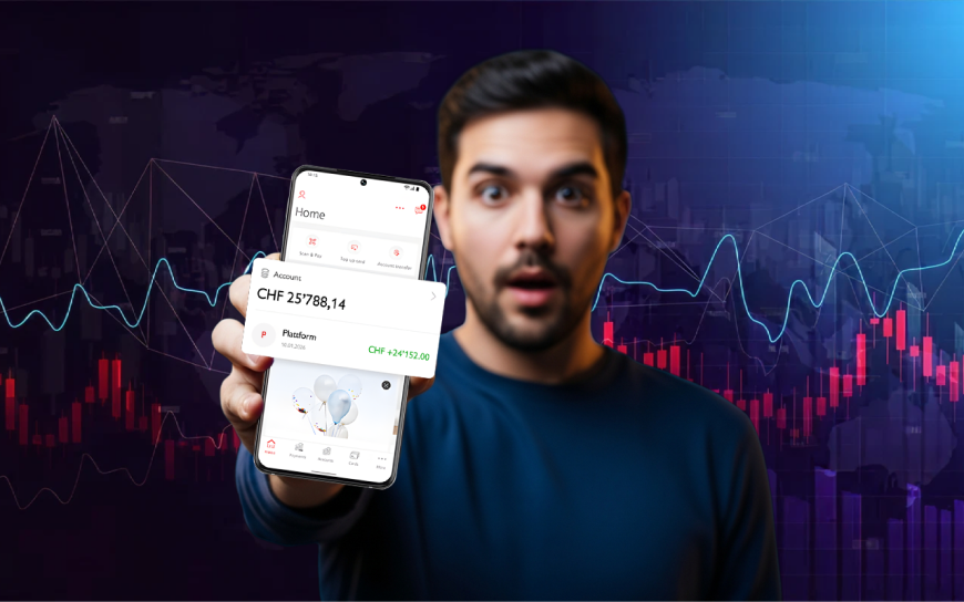 Man holding a smartphone with trading app